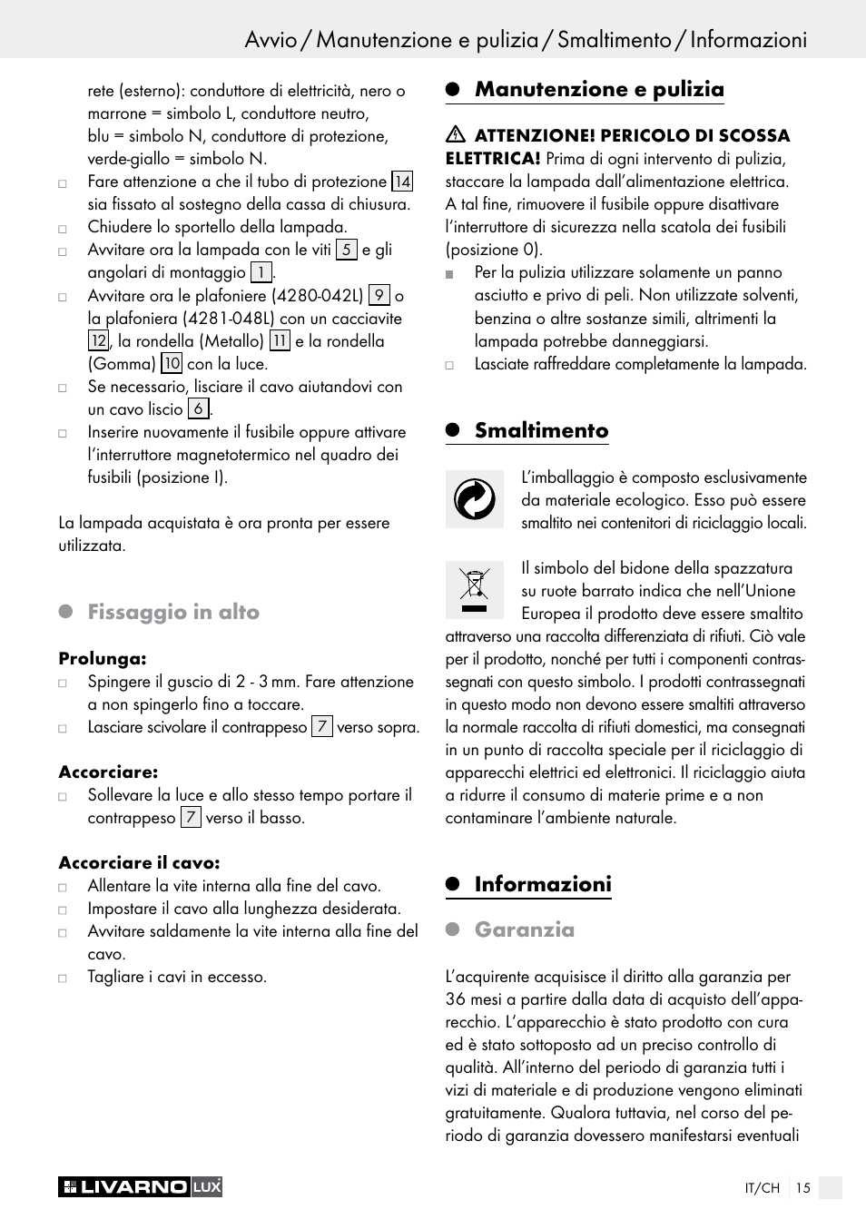 Fissaggio in alto, Manutenzione e pulizia, Smaltimento | Informazioni garanzia | Livarno 4280-042L /4281-048L User Manual | Page 14 / 20