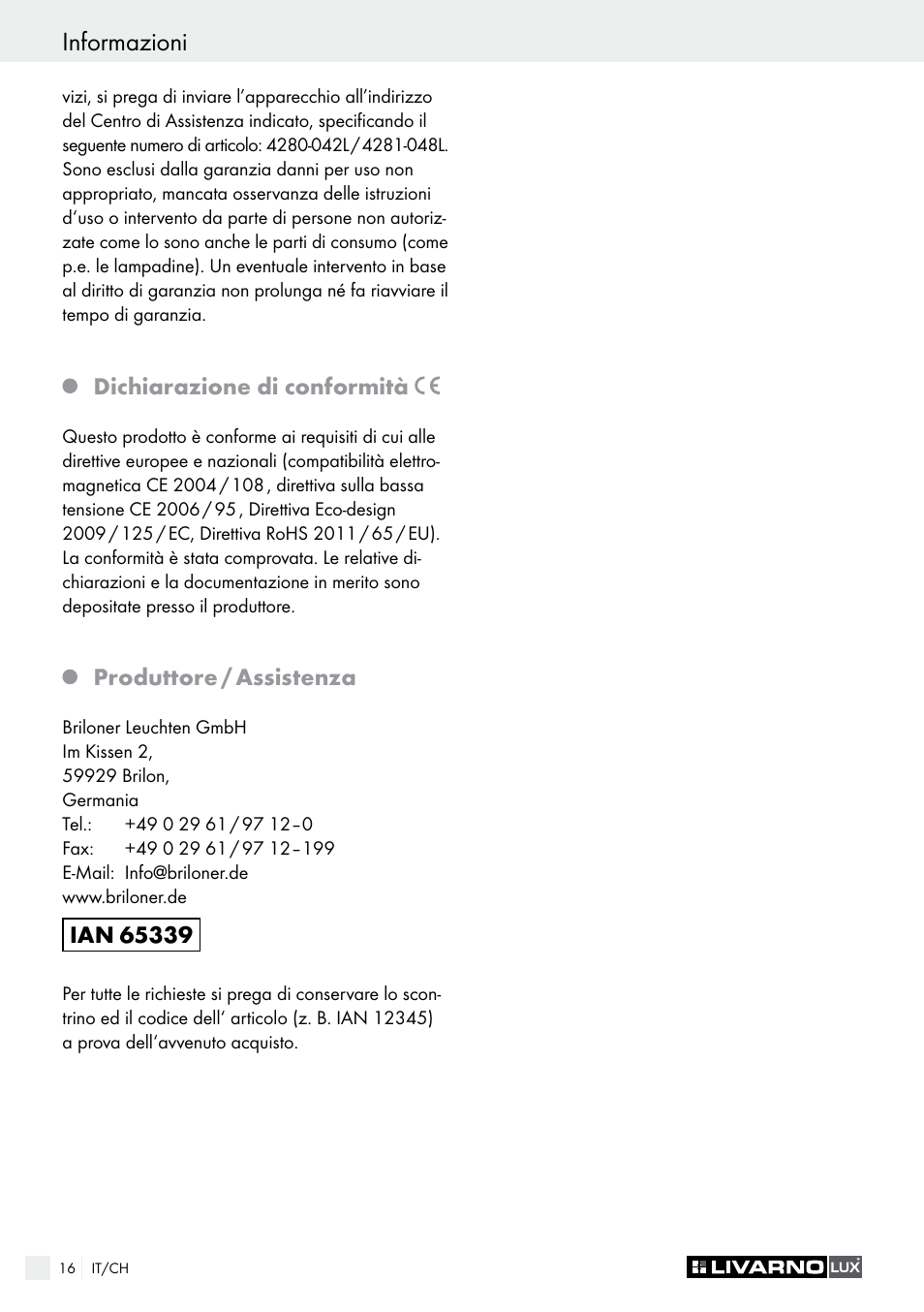 Introduction / safety informazioni | Livarno 4280-042L /4281-048L User Manual | Page 15 / 20