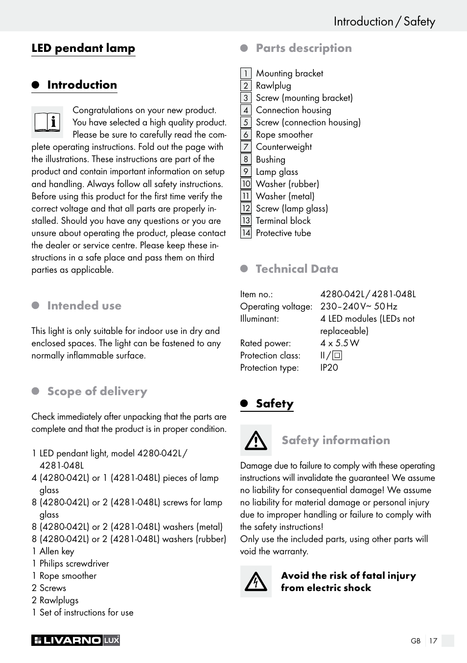 Introduction / safety informazioni, Led pendant lamp introduction, Intended use | Scope of delivery, Parts description, Technical data, Safety safety information | Livarno 4280-042L /4281-048L User Manual | Page 16 / 20