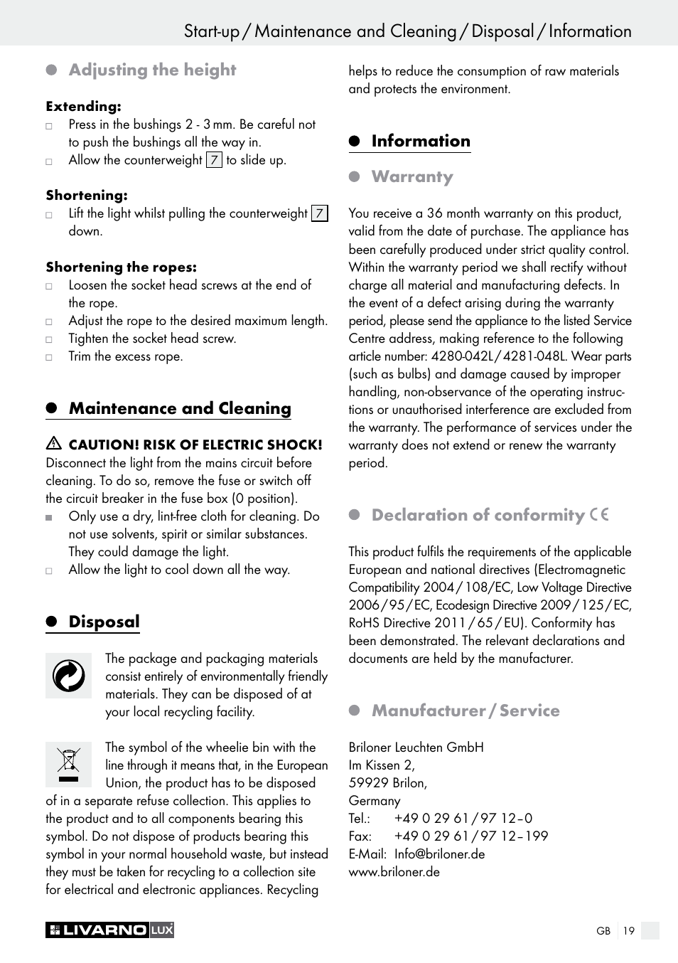 Adjusting the height, Maintenance and cleaning, Disposal | Information warranty, Declaration of conformity, Manufacturer / service | Livarno 4280-042L /4281-048L User Manual | Page 18 / 20