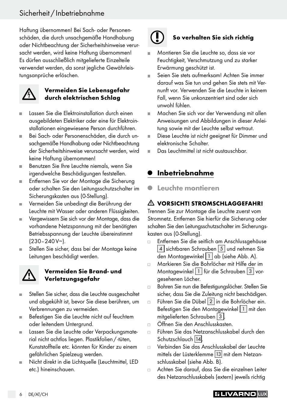 Inbetriebnahme leuchte montieren | Livarno 4280-042L /4281-048L User Manual | Page 5 / 20