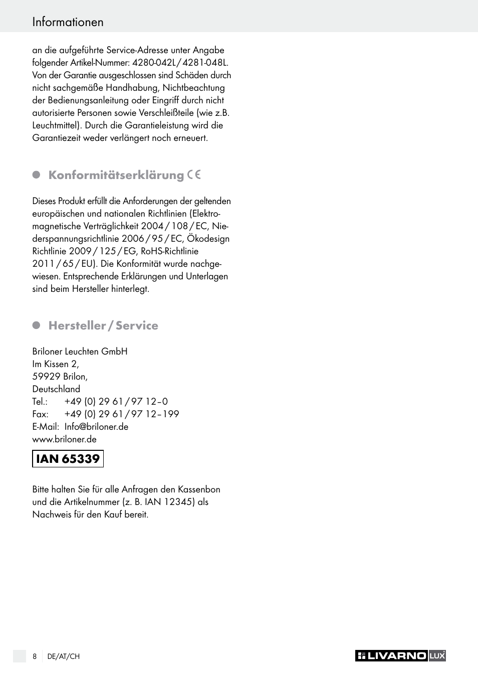 Introduction / sécurité informationen | Livarno 4280-042L /4281-048L User Manual | Page 7 / 20