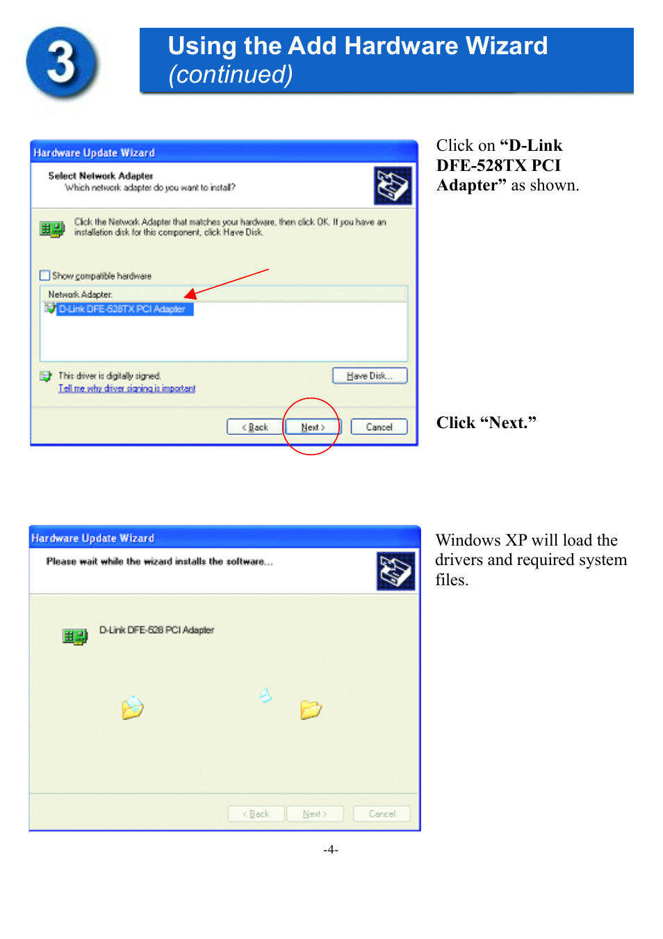 Using the add hardware wizard (continued) | D-Link DFE-528TX User Manual | Page 4 / 9