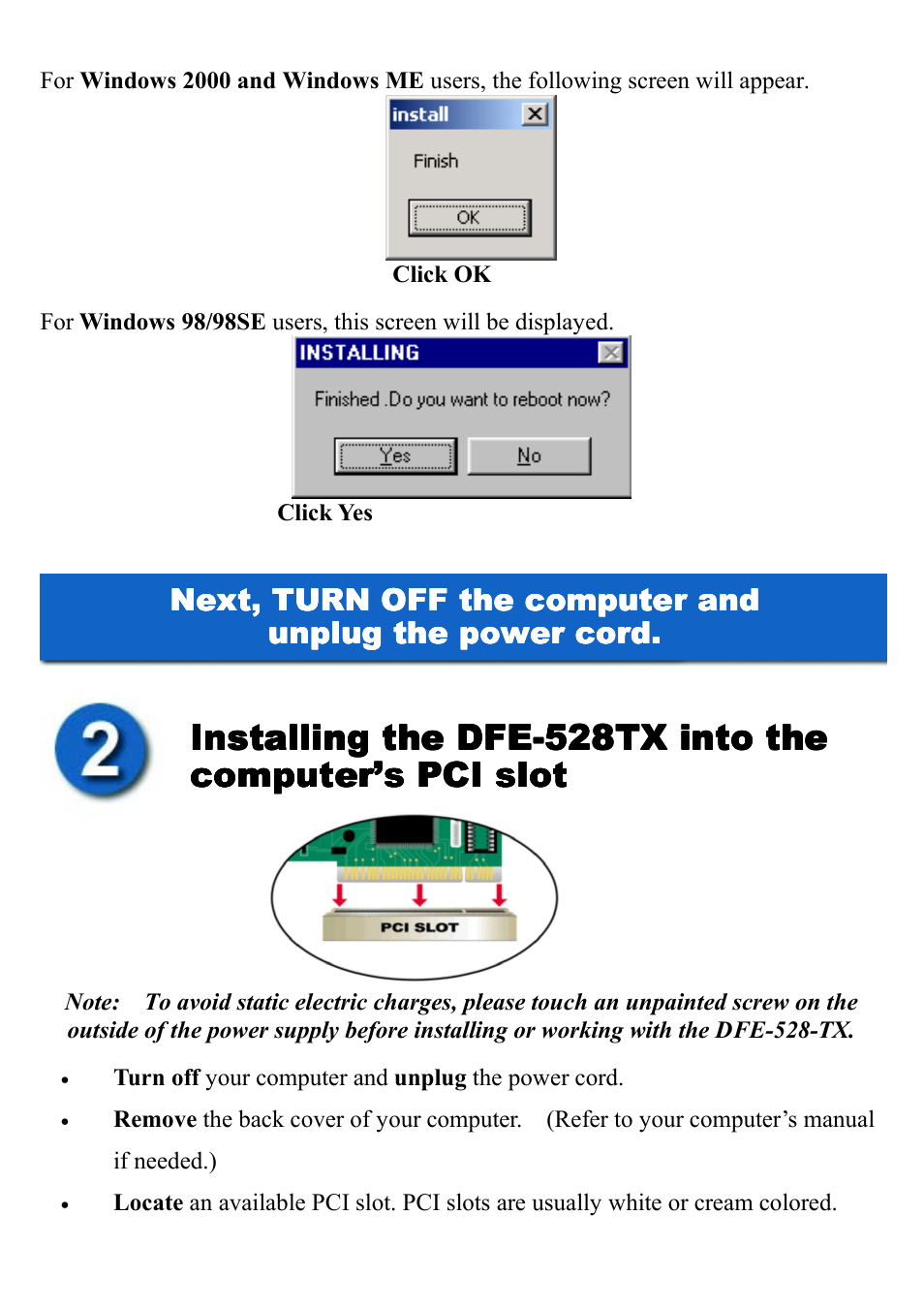 Installing the dfe | D-Link DFE-528TX User Manual | Page 7 / 9