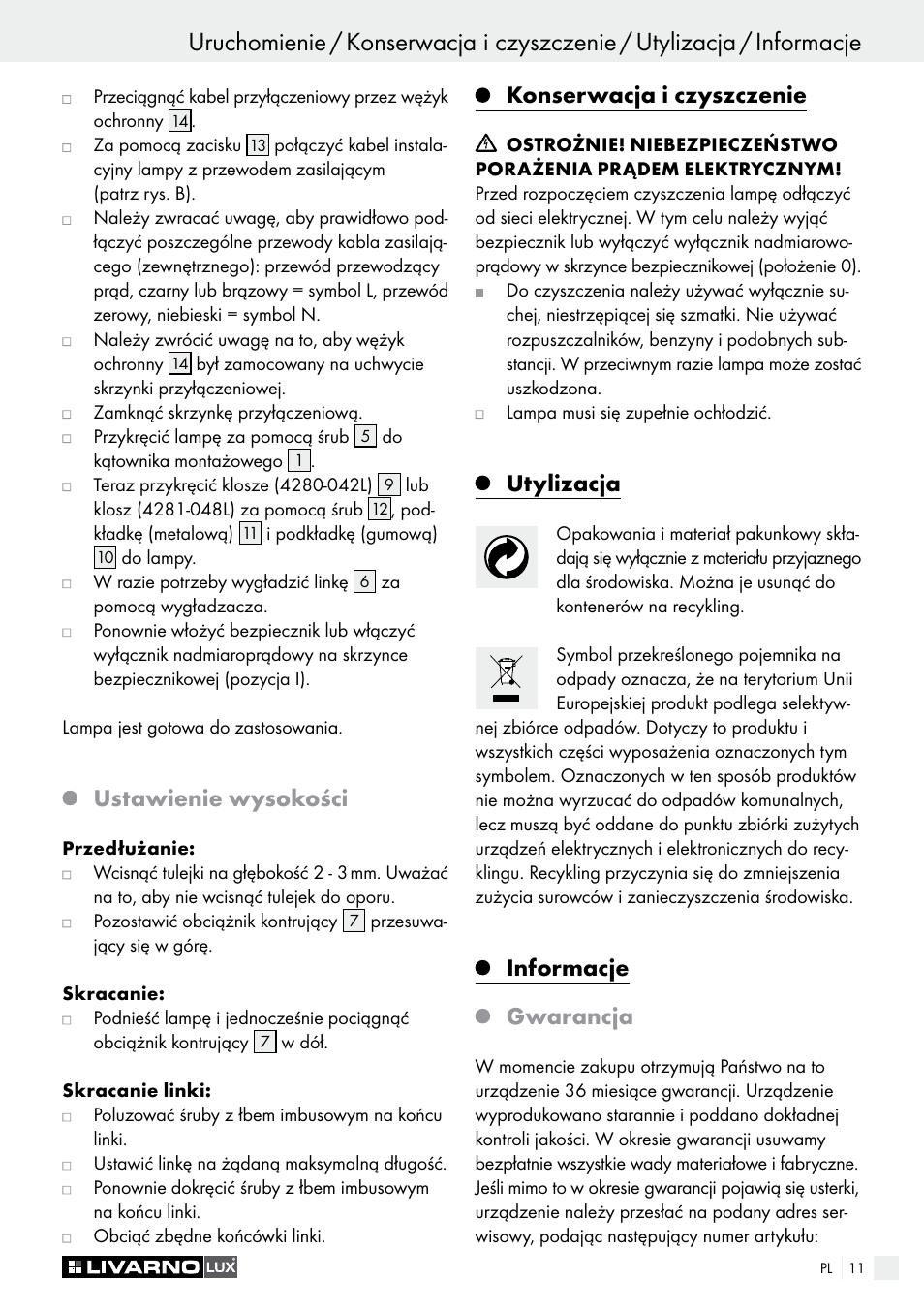 Ustawienie wysokości, Konserwacja i czyszczenie, Utylizacja | Informacje gwarancja | Livarno 4280-042L /4281-048L User Manual | Page 10 / 20