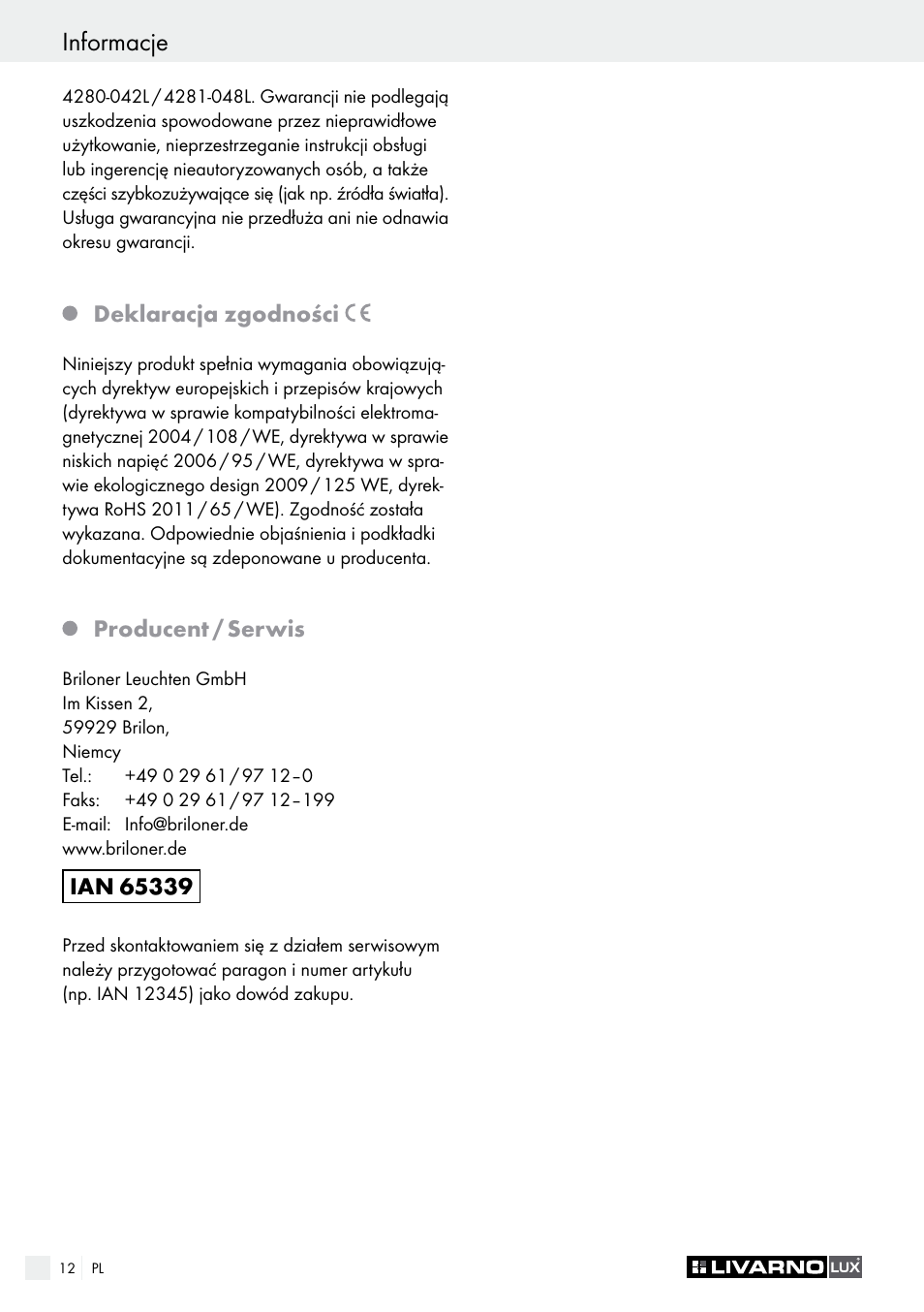 Úvod / bezpečnost informacje | Livarno 4280-042L /4281-048L User Manual | Page 11 / 20