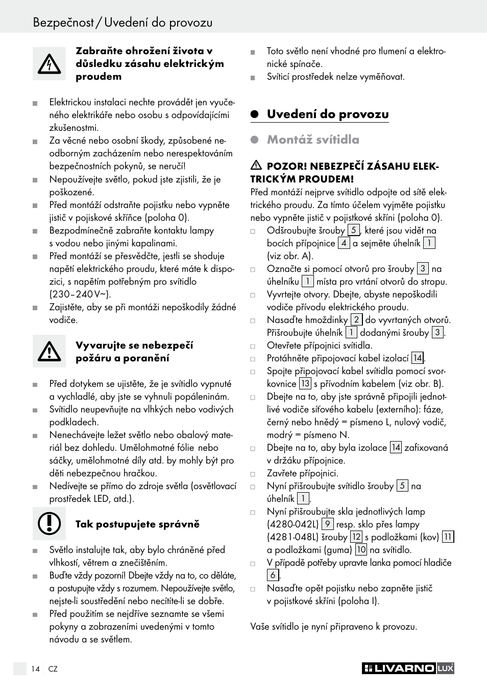 Uvedení do provozu montáž svítidla | Livarno 4280-042L /4281-048L User Manual | Page 13 / 20