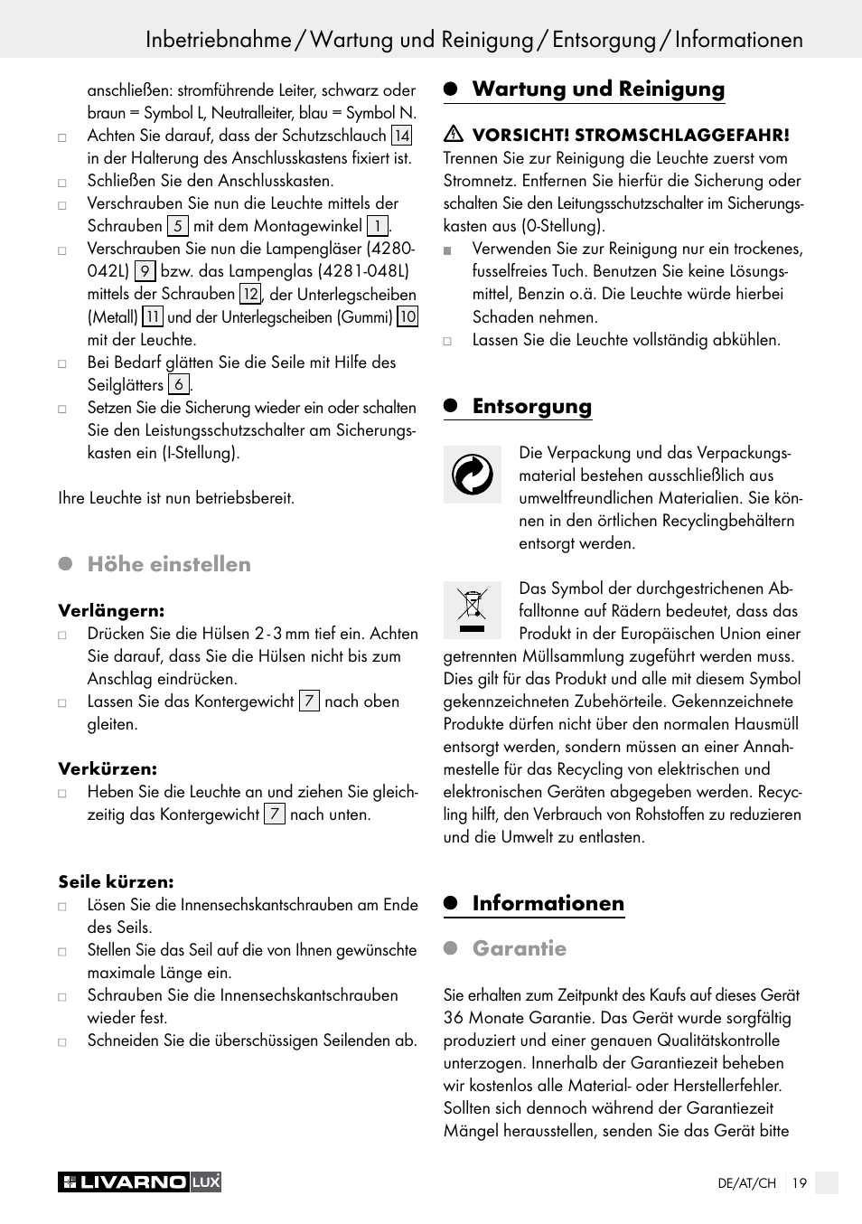 Höhe einstellen, Wartung und reinigung, Entsorgung | Informationen garantie | Livarno 4280-042L /4281-048L User Manual | Page 18 / 20