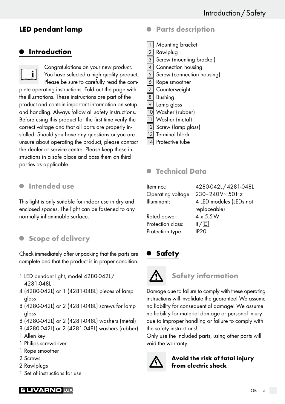 Introduction / safety, Led pendant lamp introduction, Intended use | Scope of delivery, Parts description, Technical data, Safety safety information | Livarno 4280-042L /4281-048L User Manual | Page 4 / 20