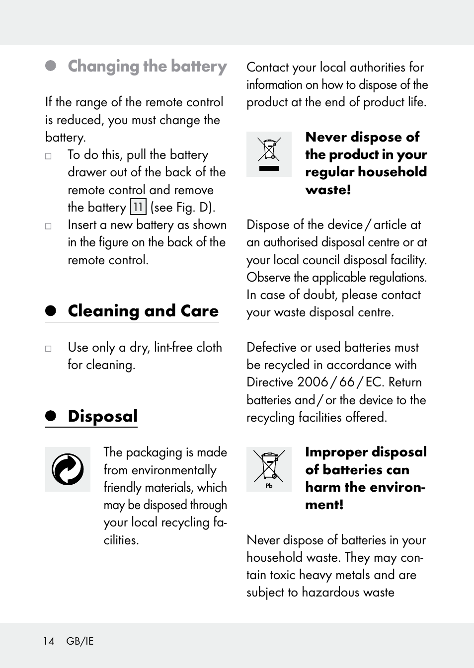 Changing the battery, Cleaning and care, Disposal | Livarno Z31228 User Manual | Page 14 / 80