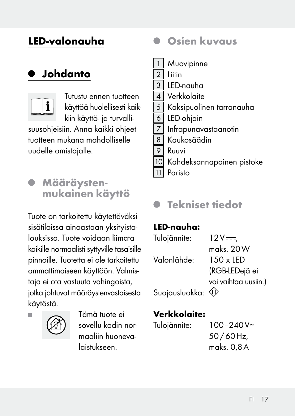 Led-valonauha, Johdanto, Määräysten- mukainen käyttö | Osien kuvaus, Tekniset tiedot | Livarno Z31228 User Manual | Page 17 / 80