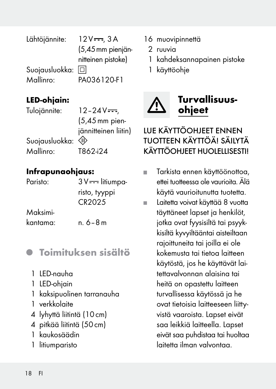 Toimituksen sisältö, Turvallisuus- ohjeet | Livarno Z31228 User Manual | Page 18 / 80