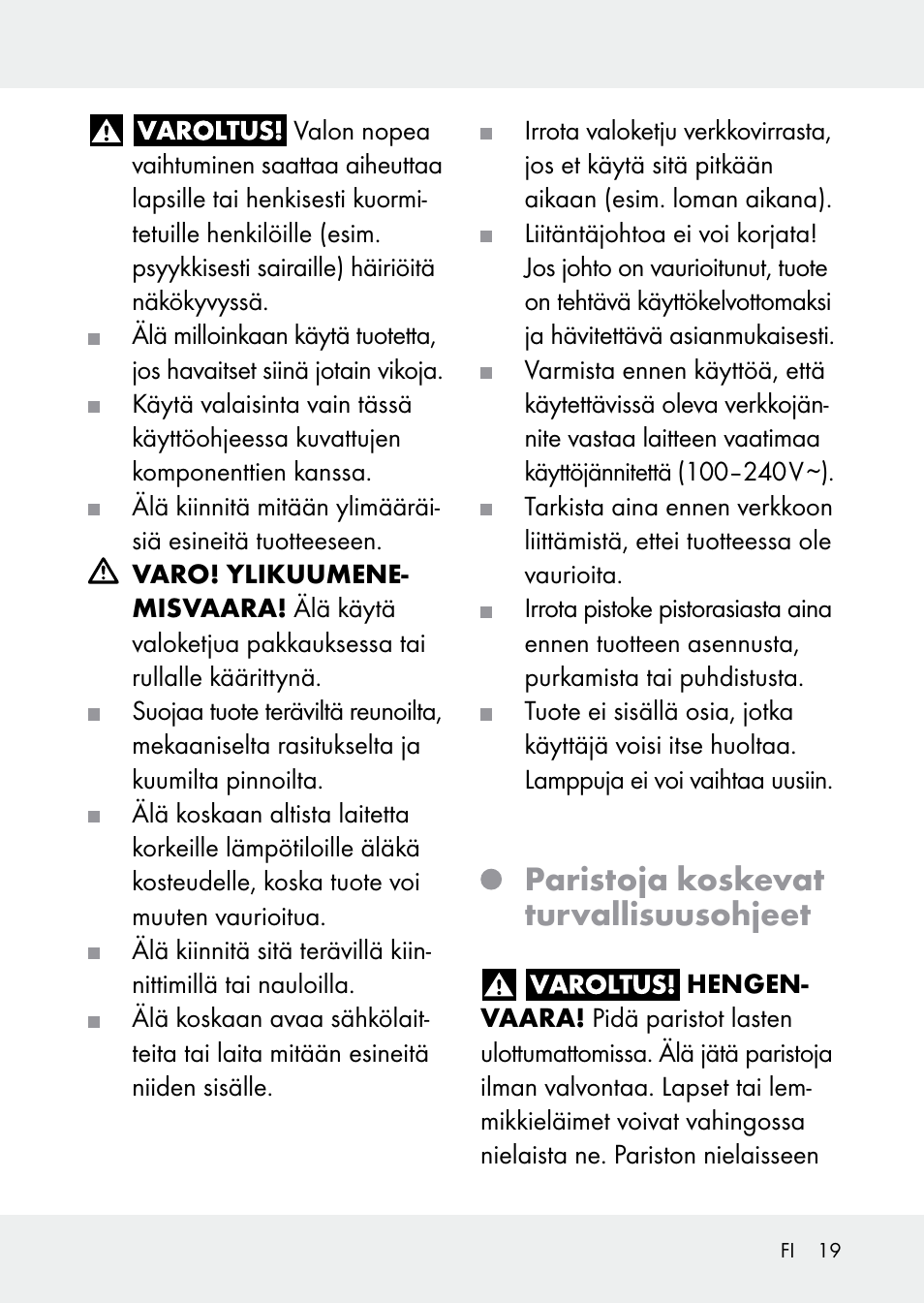 Paristoja koskevat turvallisuusohjeet | Livarno Z31228 User Manual | Page 19 / 80