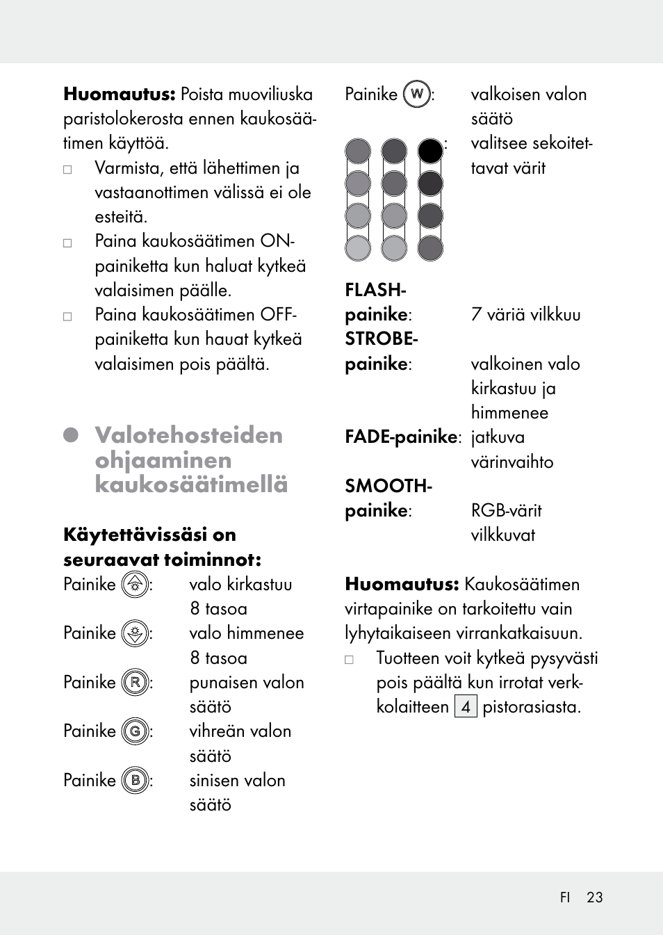 Valotehosteiden ohjaaminen kaukosäätimellä | Livarno Z31228 User Manual | Page 23 / 80