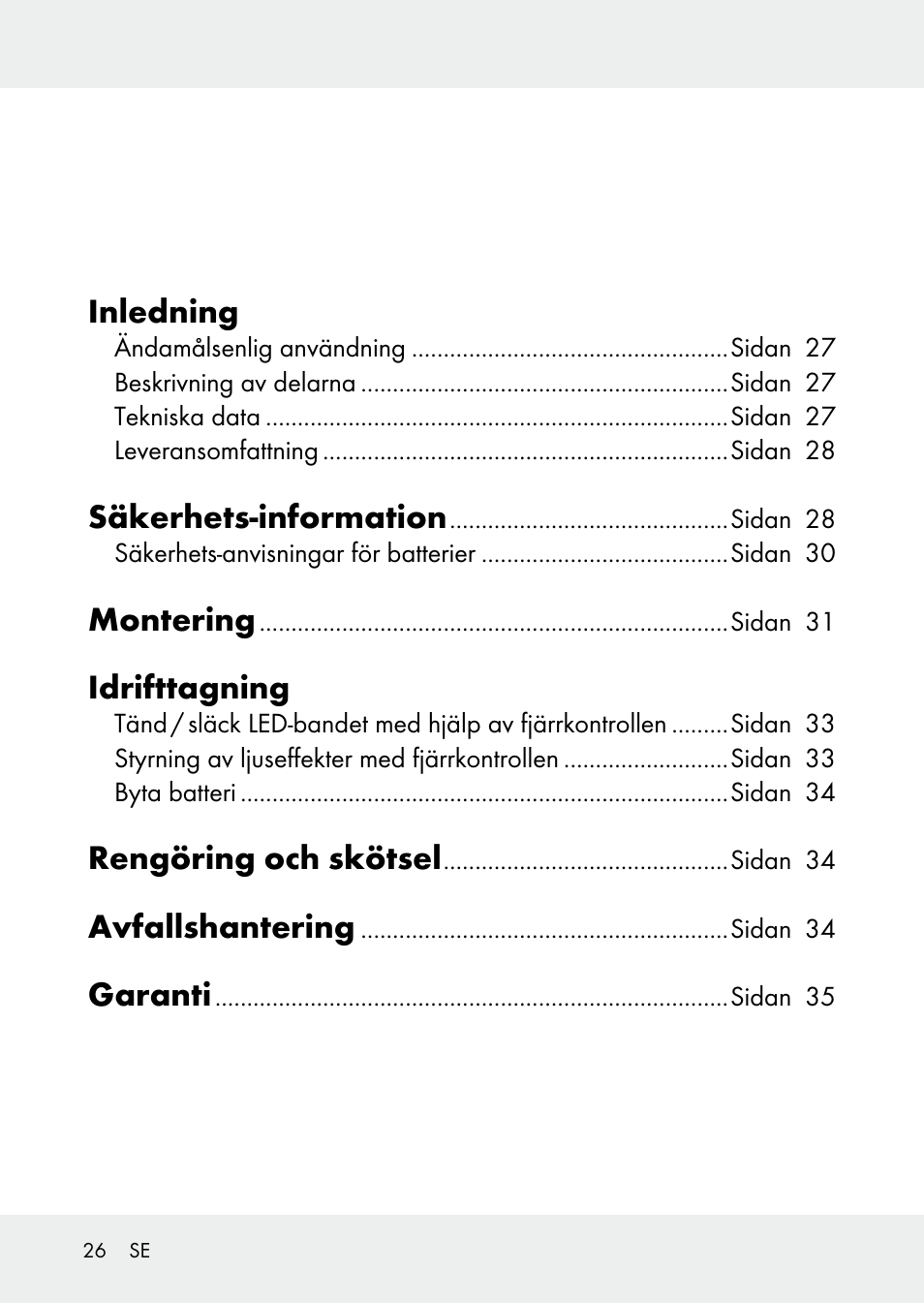 Inledning, Säkerhets-information, Montering | Idrifttagning, Rengöring och skötsel, Avfallshantering, Garanti | Livarno Z31228 User Manual | Page 26 / 80