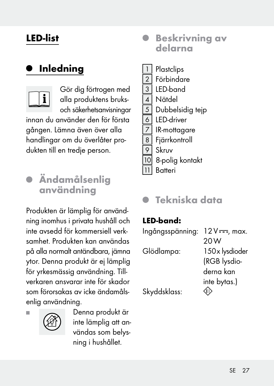 Led-list, Inledning, Ändamålsenlig användning | Beskrivning av delarna, Tekniska data | Livarno Z31228 User Manual | Page 27 / 80