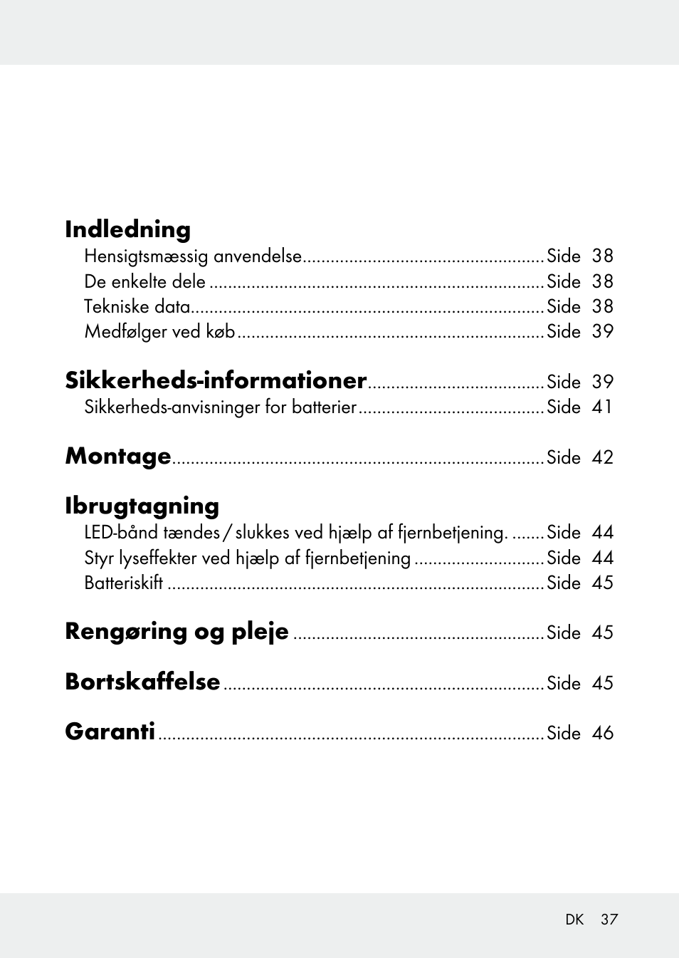 Indledning, Sikkerheds-informationer, Montage | Ibrugtagning, Rengøring og pleje, Bortskaffelse, Garanti | Livarno Z31228 User Manual | Page 37 / 80