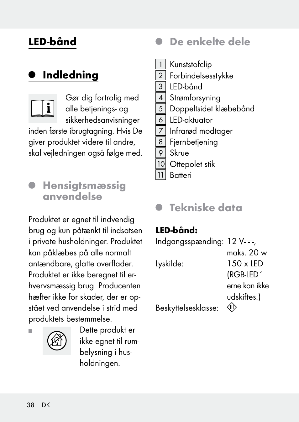 Led-bånd, Indledning, Hensigtsmæssig anvendelse | De enkelte dele, Tekniske data | Livarno Z31228 User Manual | Page 38 / 80