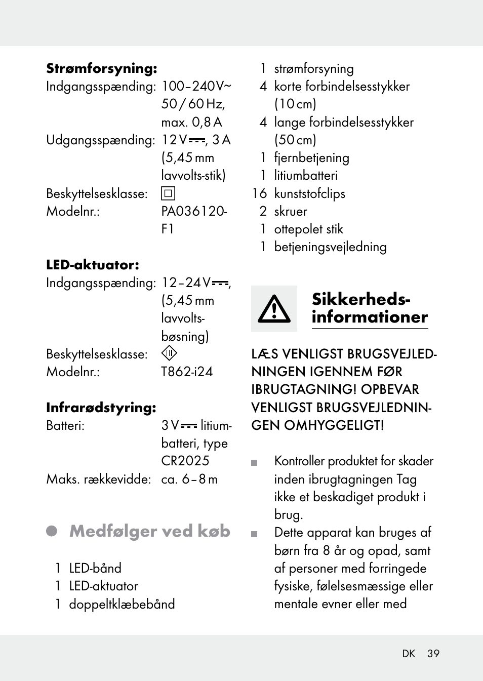 Medfølger ved køb, Sikkerheds- informationer | Livarno Z31228 User Manual | Page 39 / 80