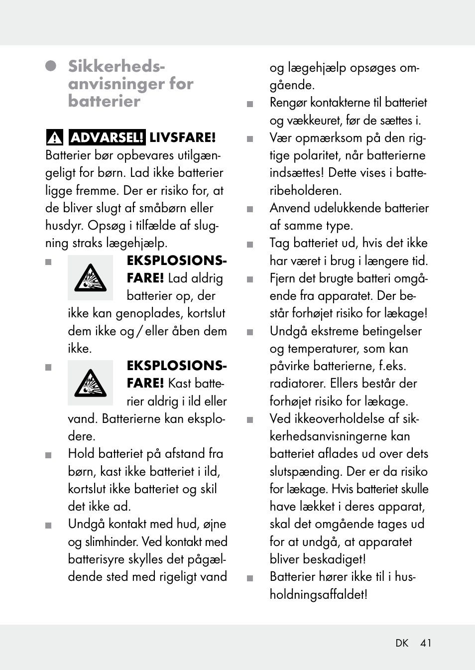 Sikkerheds- anvisninger for batterier | Livarno Z31228 User Manual | Page 41 / 80