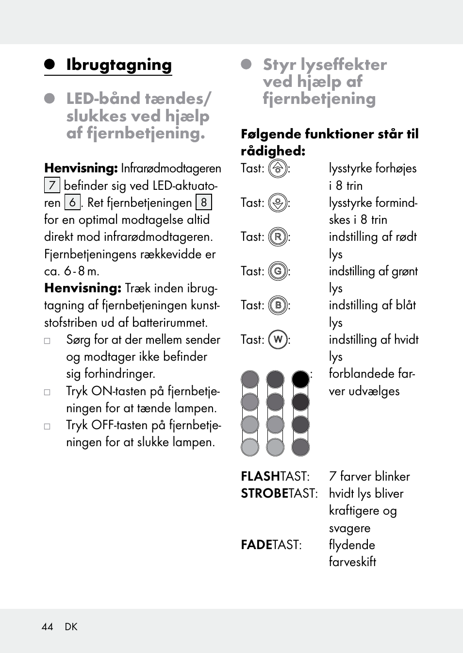 Styr lyseffekter ved hjælp af fjernbetjening | Livarno Z31228 User Manual | Page 44 / 80