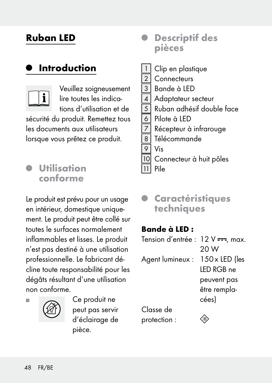 Ruban led, Introduction, Utilisation conforme | Descriptif des pièces, Caractéristiques techniques | Livarno Z31228 User Manual | Page 48 / 80