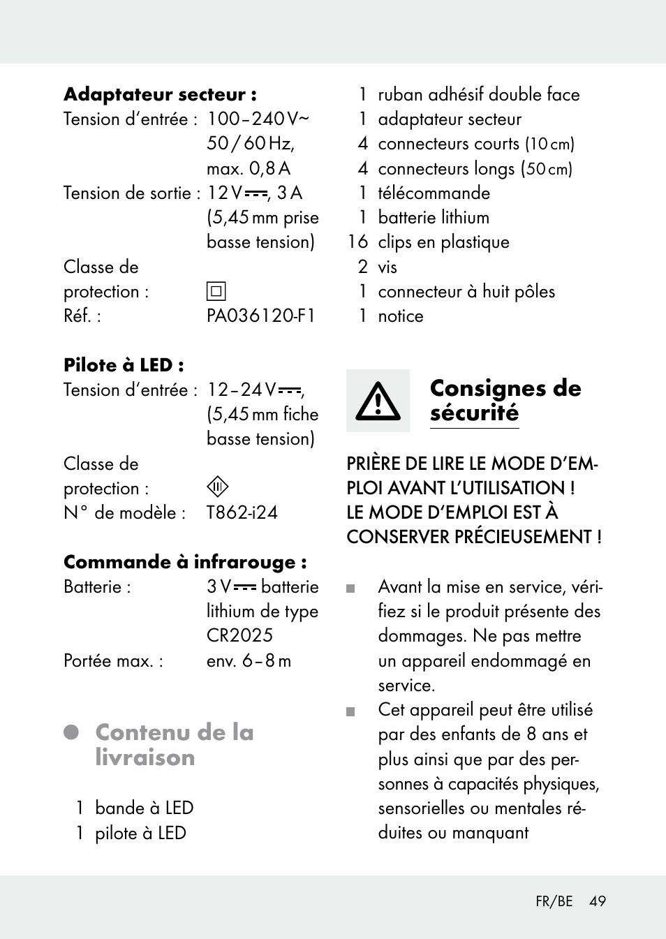 Contenu de la livraison, Consignes de sécurité | Livarno Z31228 User Manual | Page 49 / 80