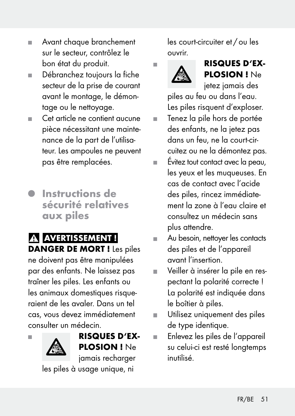 Instructions de sécurité relatives aux piles | Livarno Z31228 User Manual | Page 51 / 80
