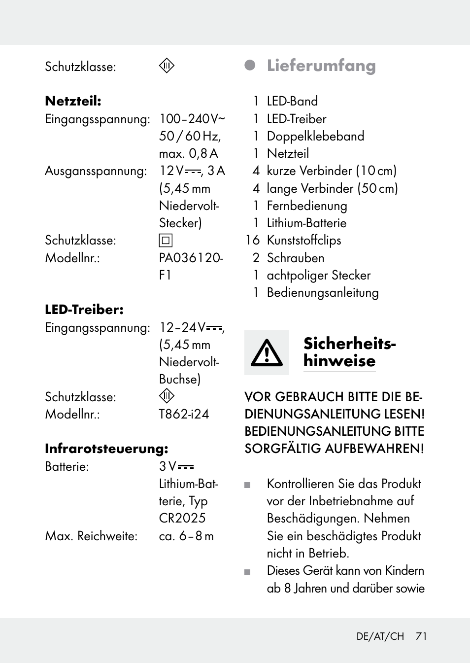 Lieferumfang, Sicherheits- hinweise | Livarno Z31228 User Manual | Page 71 / 80