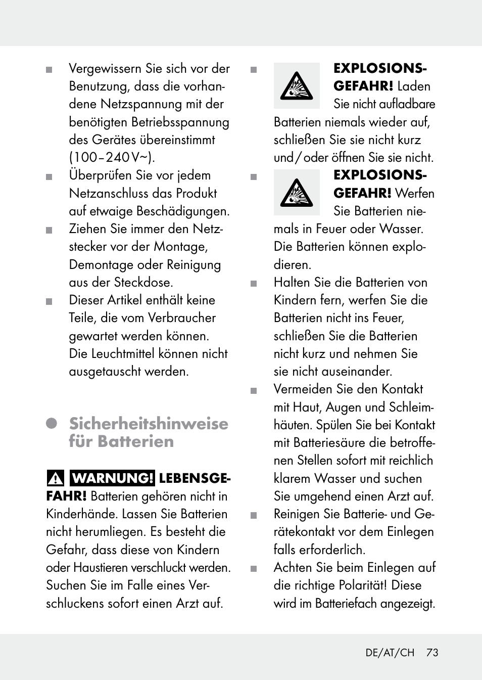 Sicherheitshinweise für batterien | Livarno Z31228 User Manual | Page 73 / 80