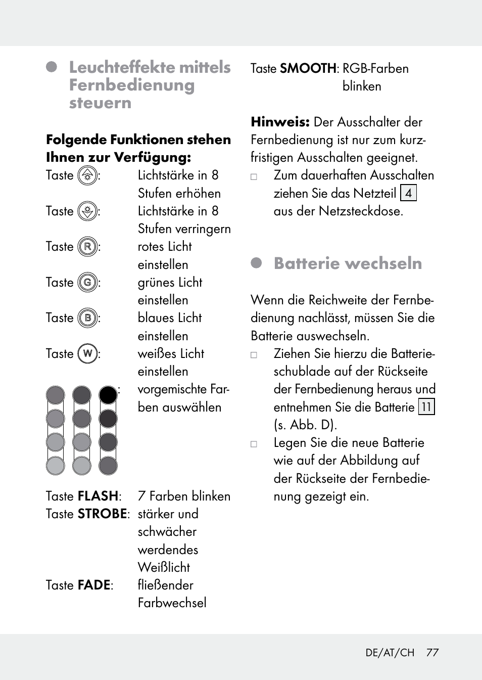 Leuchteffekte mittels fernbedienung steuern, Batterie wechseln | Livarno Z31228 User Manual | Page 77 / 80