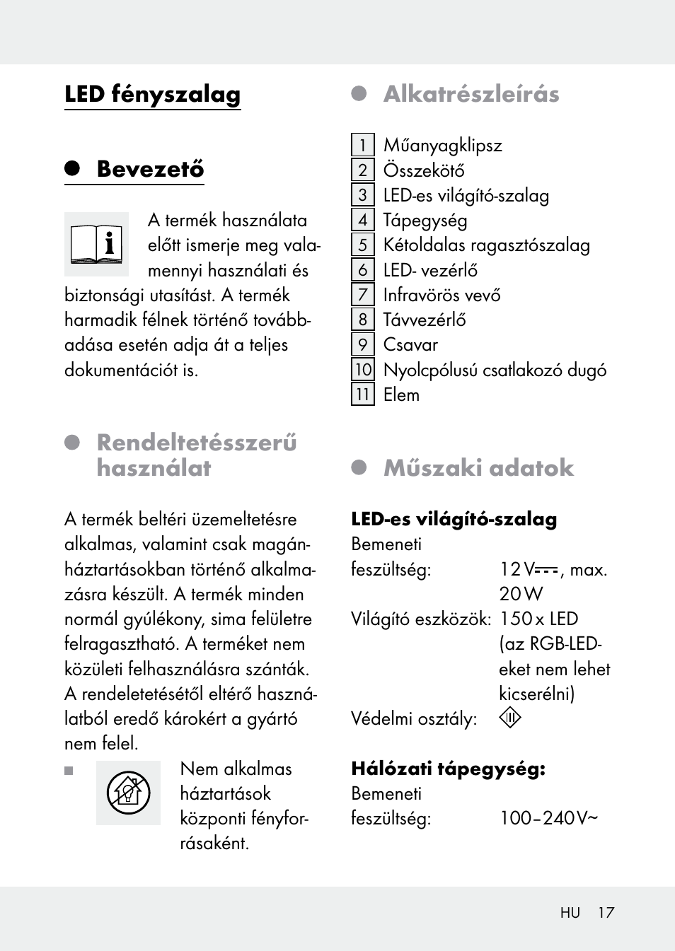 Led fényszalag, Bevezető, Rendeltetésszerű használat | Alkatrészleírás, Műszaki adatok | Livarno Z31228 User Manual | Page 17 / 60