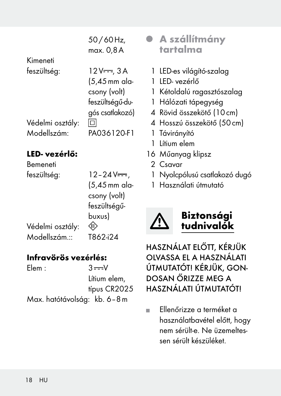 A szállítmány tartalma, Biztonsági tudnivalók | Livarno Z31228 User Manual | Page 18 / 60