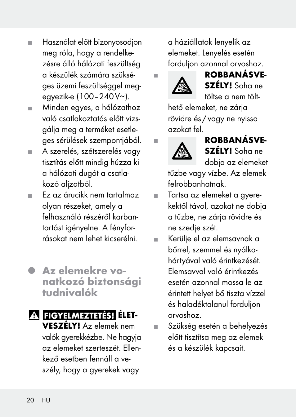 Az elemekre vo- natkozó biztonsági tudnivalók | Livarno Z31228 User Manual | Page 20 / 60