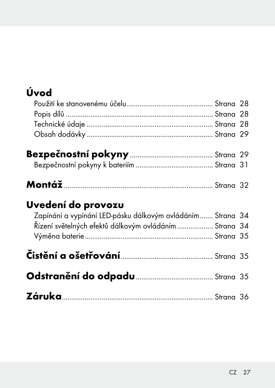 Úvod, Bezpečnostní pokyny, Montáž | Uvedení do provozu, Čistění a ošetřování, Odstranění do odpadu, Záruka | Livarno Z31228 User Manual | Page 27 / 60