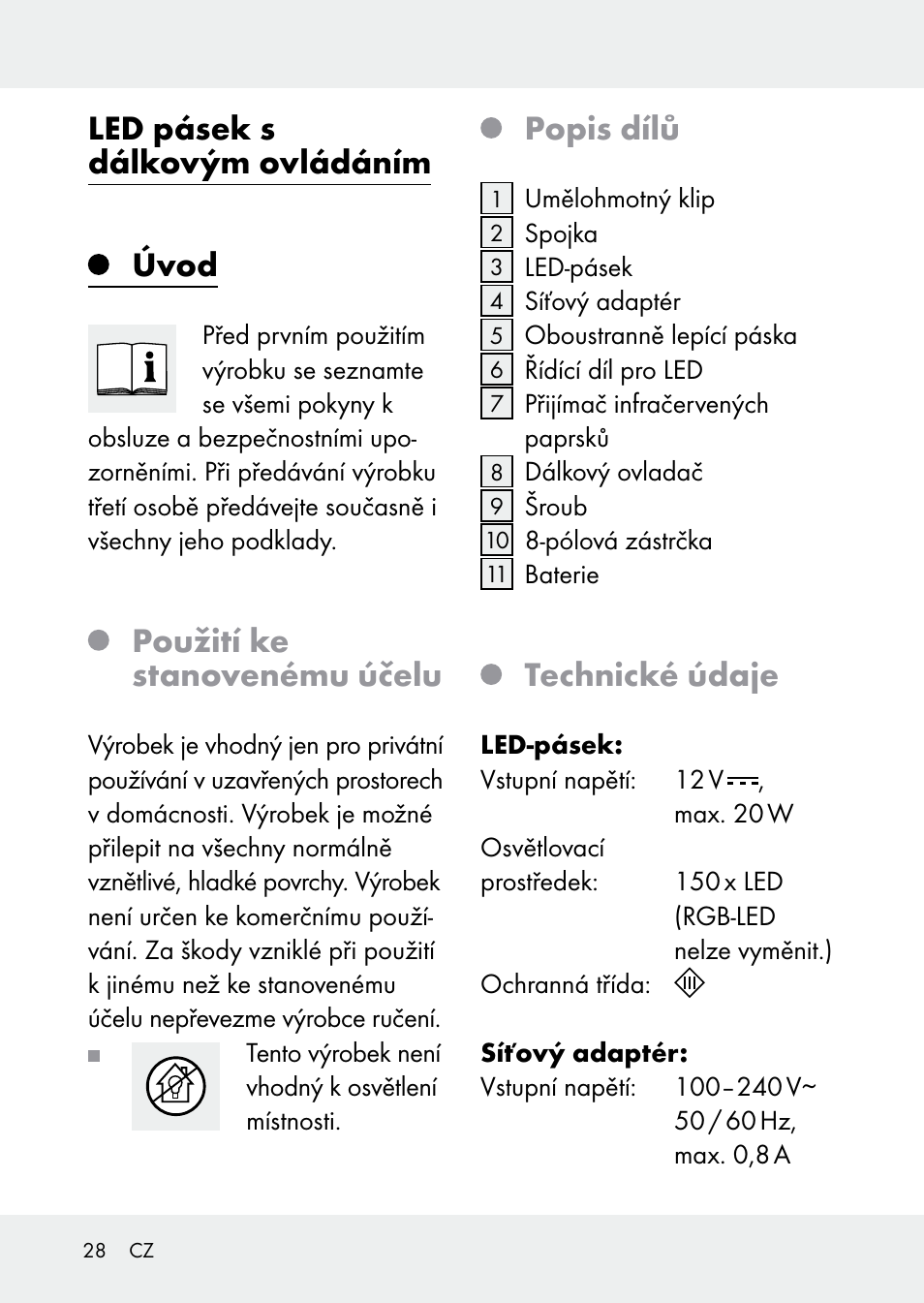 Led pásek s dálkovým ovládáním, Úvod, Použití ke stanovenému účelu | Popis dílů, Technické údaje | Livarno Z31228 User Manual | Page 28 / 60