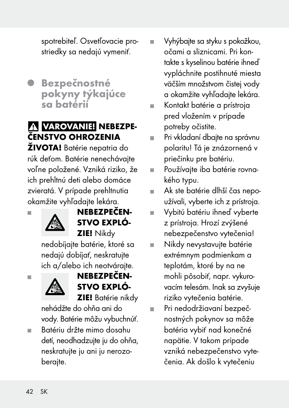 Bezpečnostné pokyny týkajúce sa batérií | Livarno Z31228 User Manual | Page 42 / 60