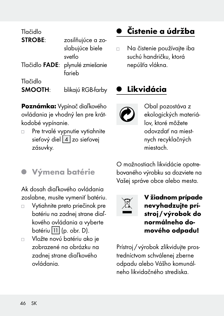 Výmena batérie, Čistenie a údržba, Likvidácia | Livarno Z31228 User Manual | Page 46 / 60