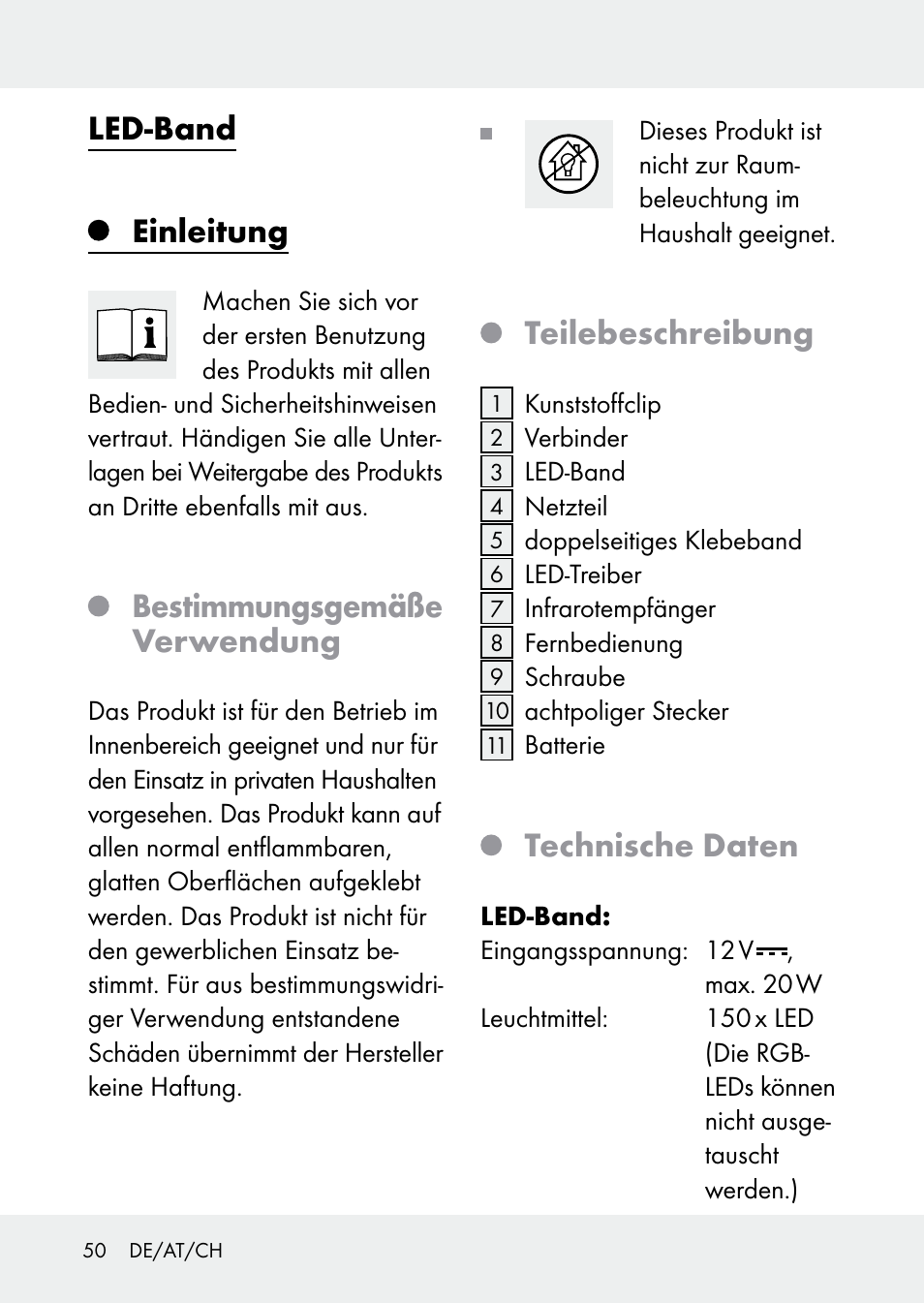 Led-band, Einleitung, Bestimmungsgemäße verwendung | Teilebeschreibung, Technische daten | Livarno Z31228 User Manual | Page 50 / 60