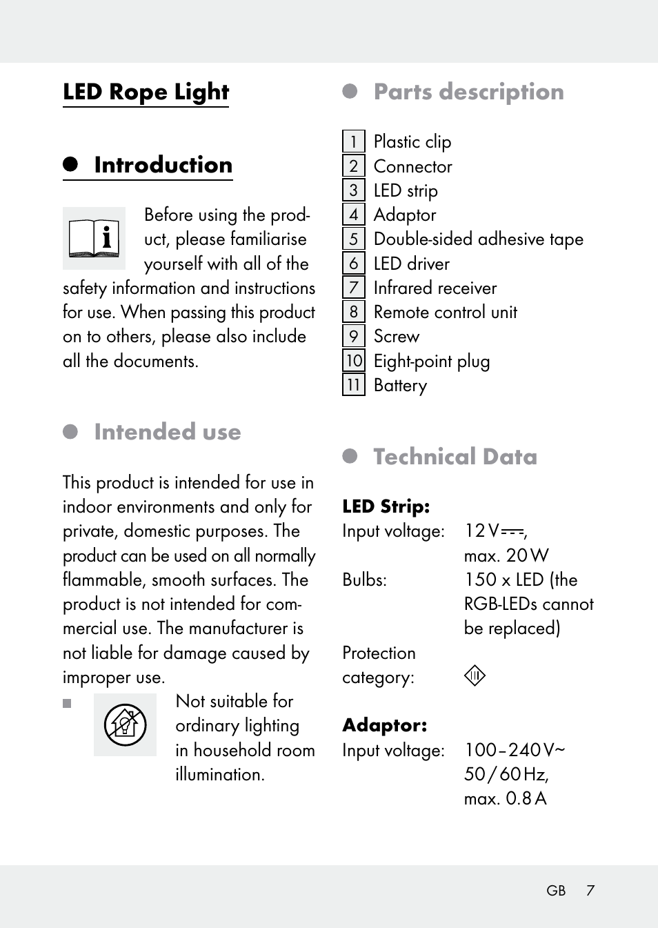 Led rope light introduction, Intended use, Parts description | Technical data | Livarno Z31228 User Manual | Page 7 / 60