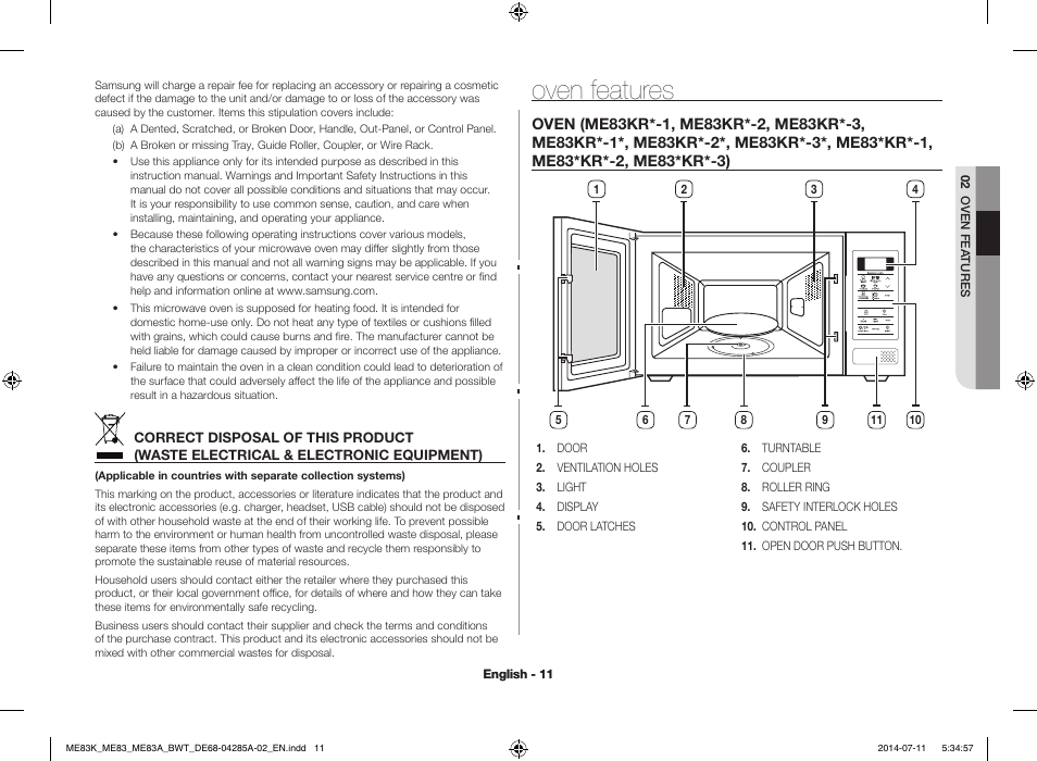 Oven features, Me83kr*-3*, me83*kr*-1, me83*kr*-2, me83*kr*-3) | Samsung ME83KRS-2 User Manual | Page 11 / 30