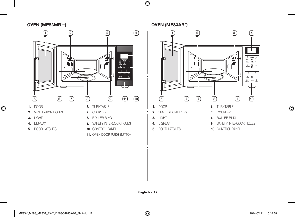Oven (me83mr**), Oven (me83ar*), Oven (me83mr**) oven (me83ar*) | Samsung ME83KRS-2 User Manual | Page 12 / 30