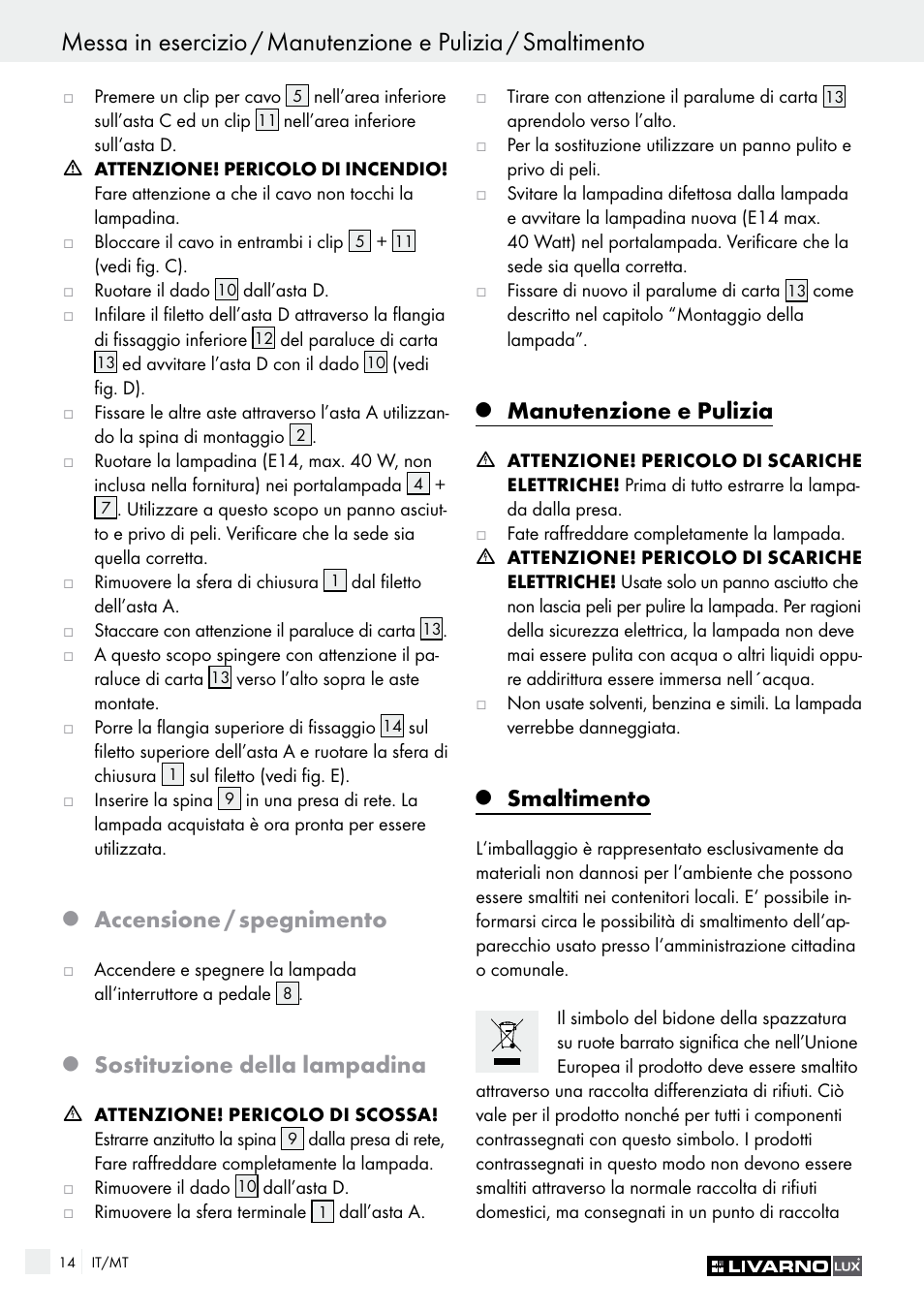 Accensione / spegnimento, Sostituzione della lampadina, Manutenzione e pulizia | Smaltimento | Livarno 1240/026L User Manual | Page 14 / 37