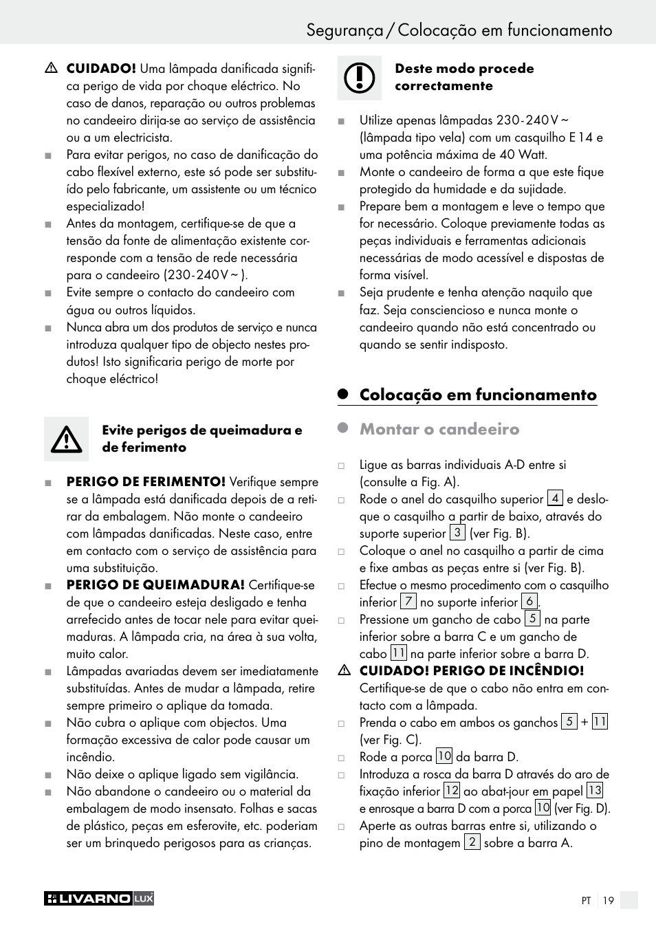 Segurança / colocação em funcionamento, Colocação em funcionamento, Montar o candeeiro | Livarno 1240/026L User Manual | Page 19 / 37