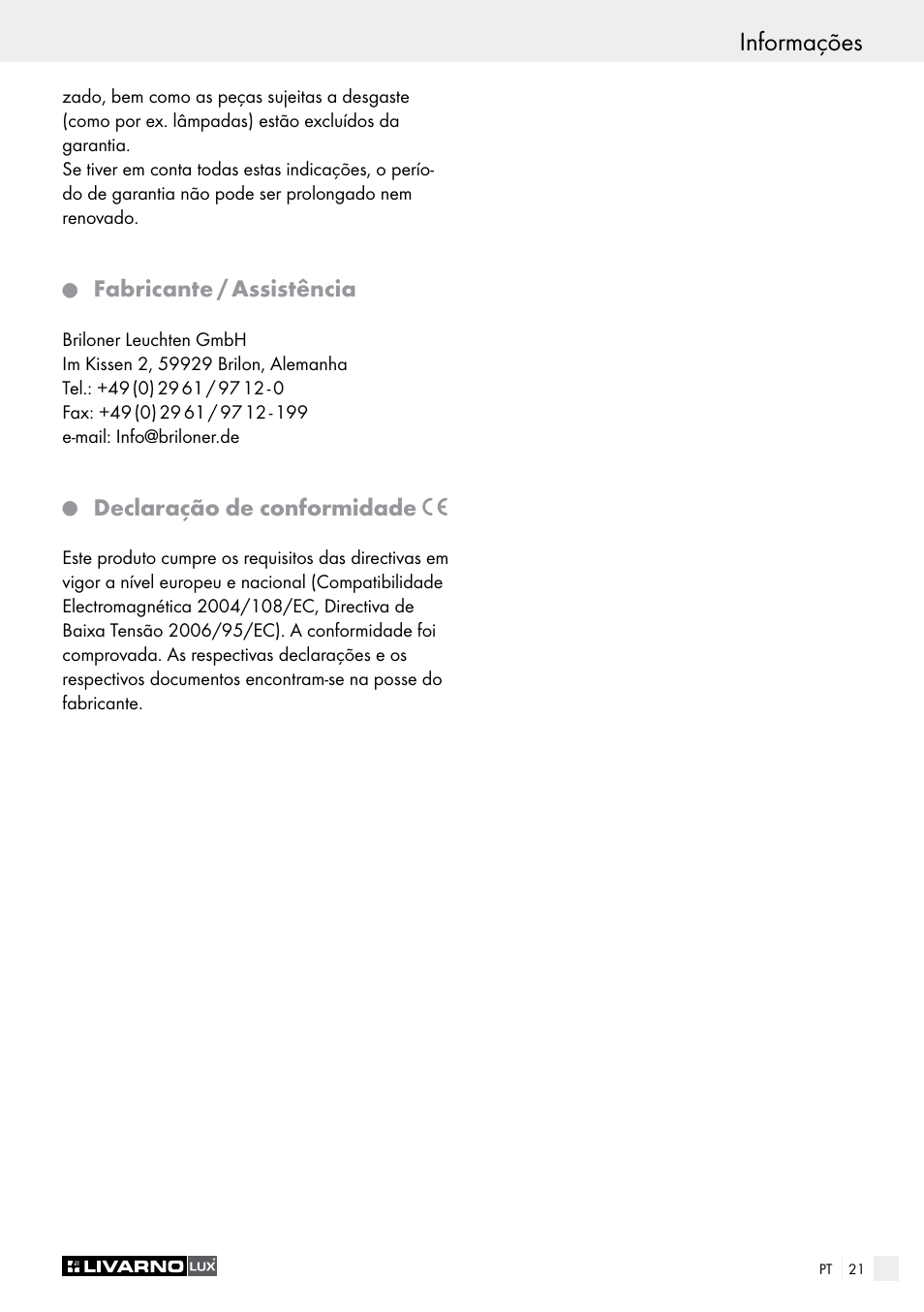 Informações, Fabricante / assistência, Declaração de conformidade | Livarno 1240/026L User Manual | Page 21 / 37