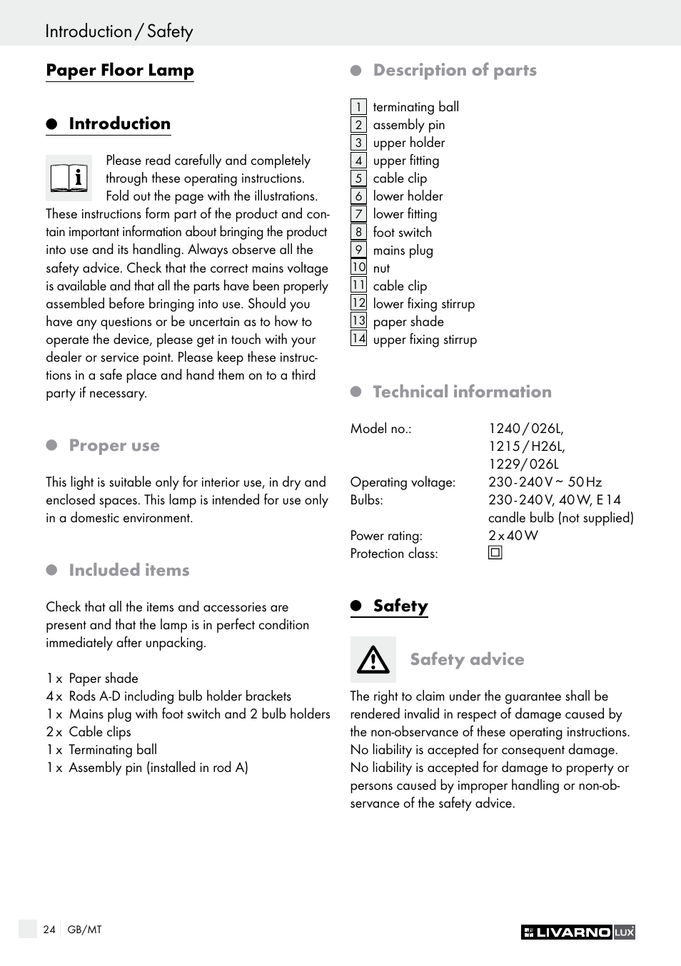 Introduction / safety, Paper floor lamp, Introduction | Proper use, Included items, Description of parts, Technical information, Safety safety advice | Livarno 1240/026L User Manual | Page 24 / 37