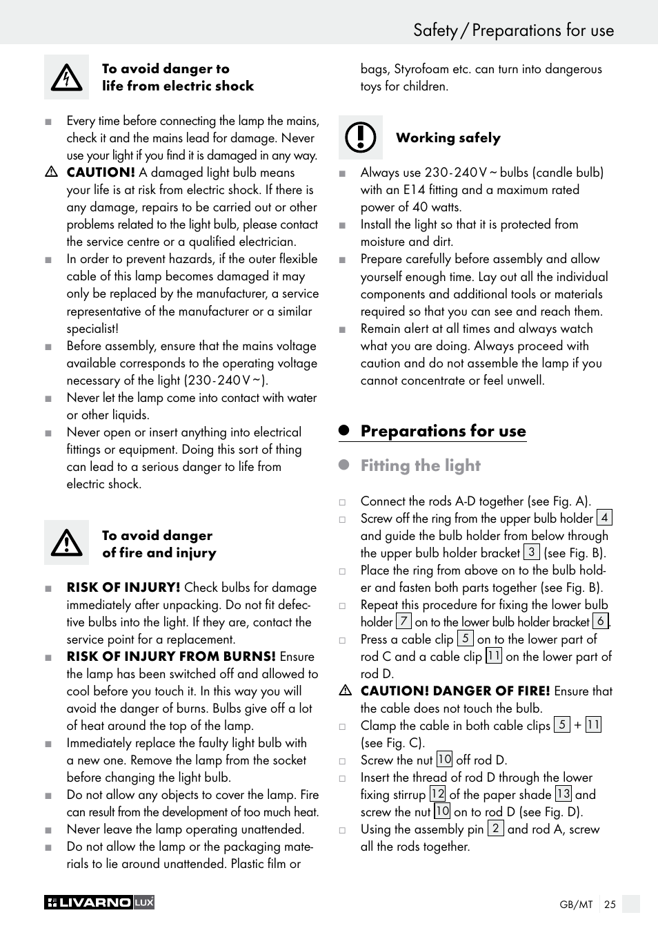 Safety / preparations for use, Preparations for use, Fitting the light | Livarno 1240/026L User Manual | Page 25 / 37