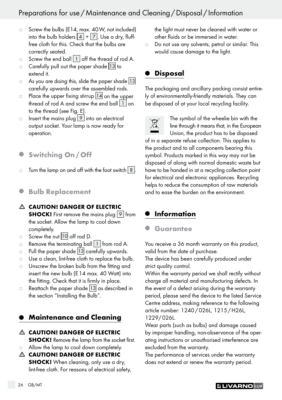 Switching on / off, Bulb replacement, Maintenance and cleaning | Disposal, Information, Guarantee | Livarno 1240/026L User Manual | Page 26 / 37
