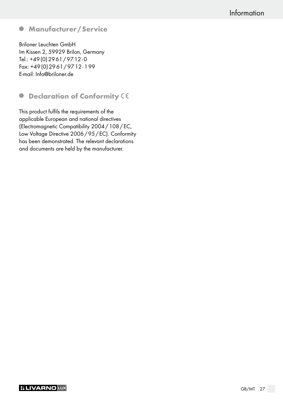 Information, Manufacturer / service, Declaration of conformity | Livarno 1240/026L User Manual | Page 27 / 37