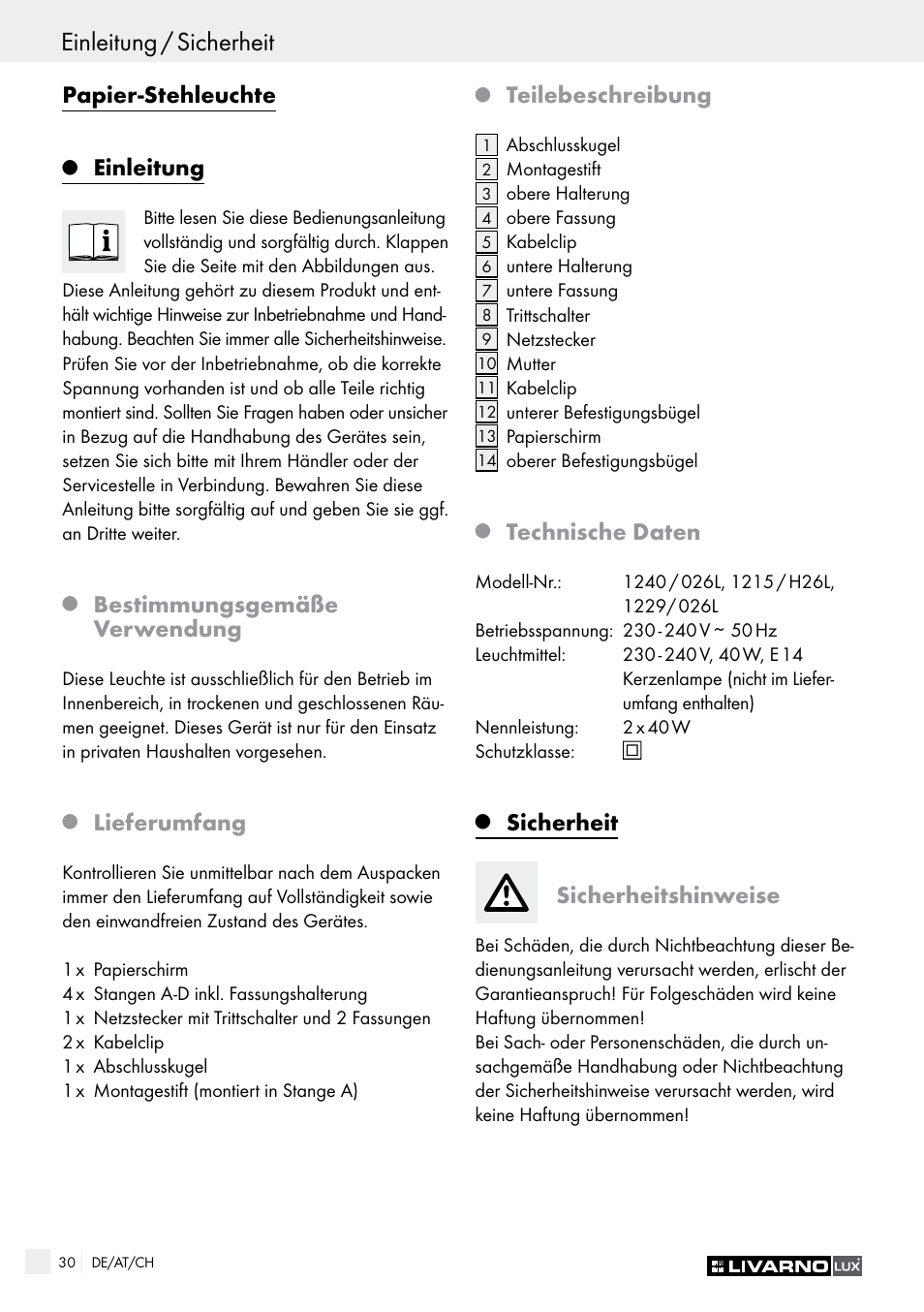 Einleitung / sicherheit, Papier-stehleuchte, Einleitung | Bestimmungsgemäße verwendung, Lieferumfang, Teilebeschreibung, Technische daten, Sicherheit sicherheitshinweise | Livarno 1240/026L User Manual | Page 30 / 37